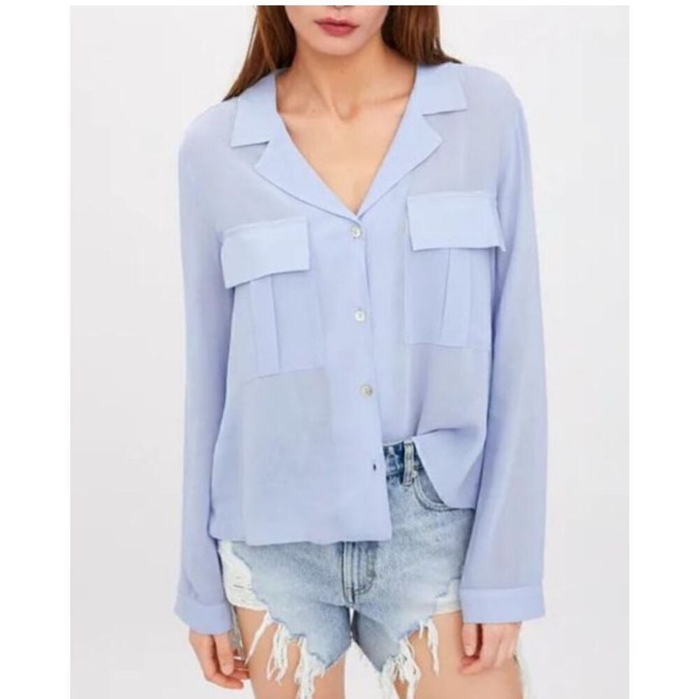 Zara Light Blue V Neck Blouse With Pockets